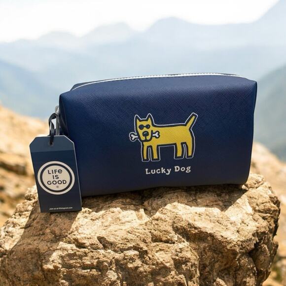 Life Is Good Lucky Dog Navy Blue Cosmetic Bag NWT - Picture 1 of 4